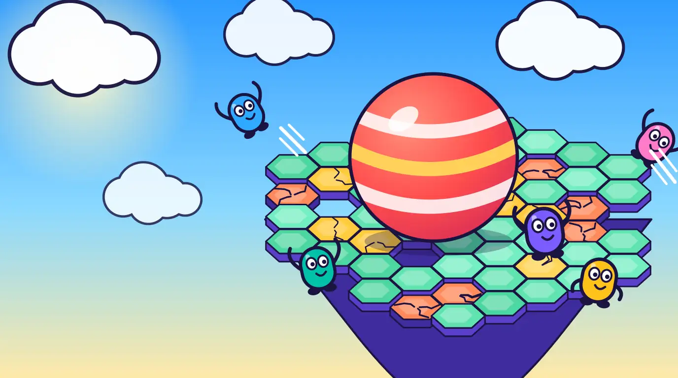 Ilustración de Balls: una plataforma flotante de losetas hexagonales con una bola gigante y personajes saltando para esquivarla
